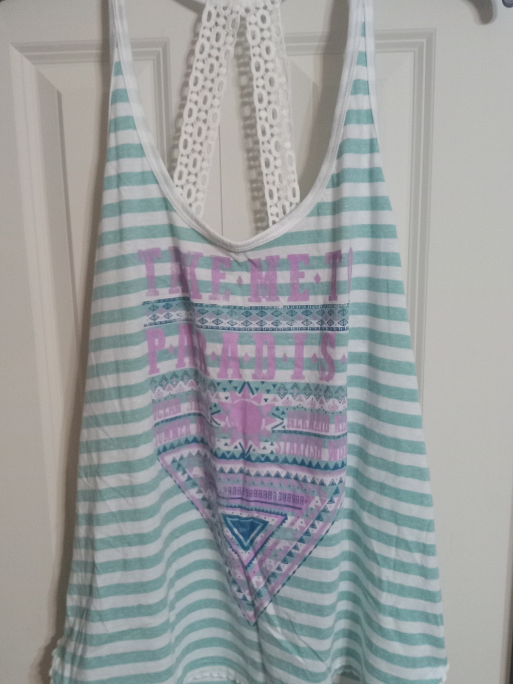 Source Unknown Mint & White Striped Tank with Pink Graphic